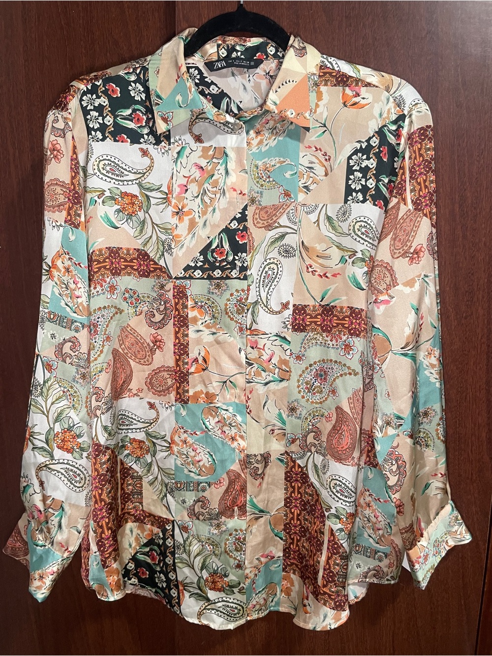 Zara Patchwork Paisley Button-Down Shirt - Cream, Teal, Rust, Black